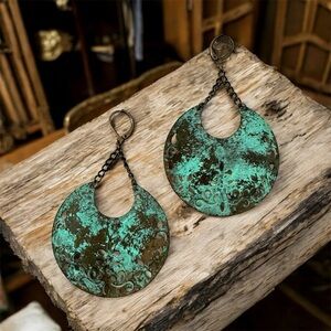 Boho Turquoise Verdigris Crescent Moon Earrings